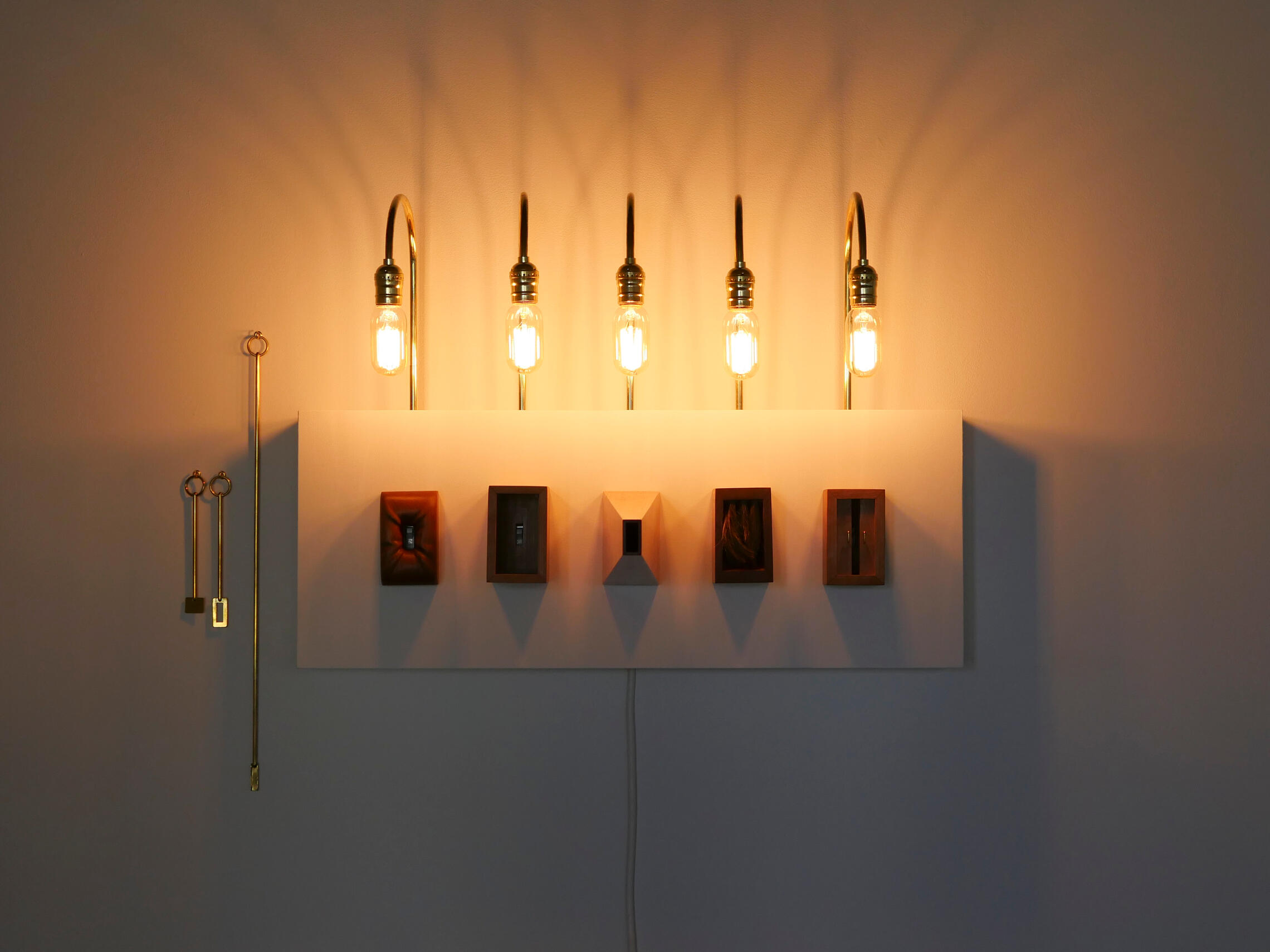Five unique light switch covers are mounted to a white box on the wall. Five lit light bulbs on bent brass tube stick out of the top of the box. There are three brass tools hung on the wall left of the box. Made by Mia Donalson.